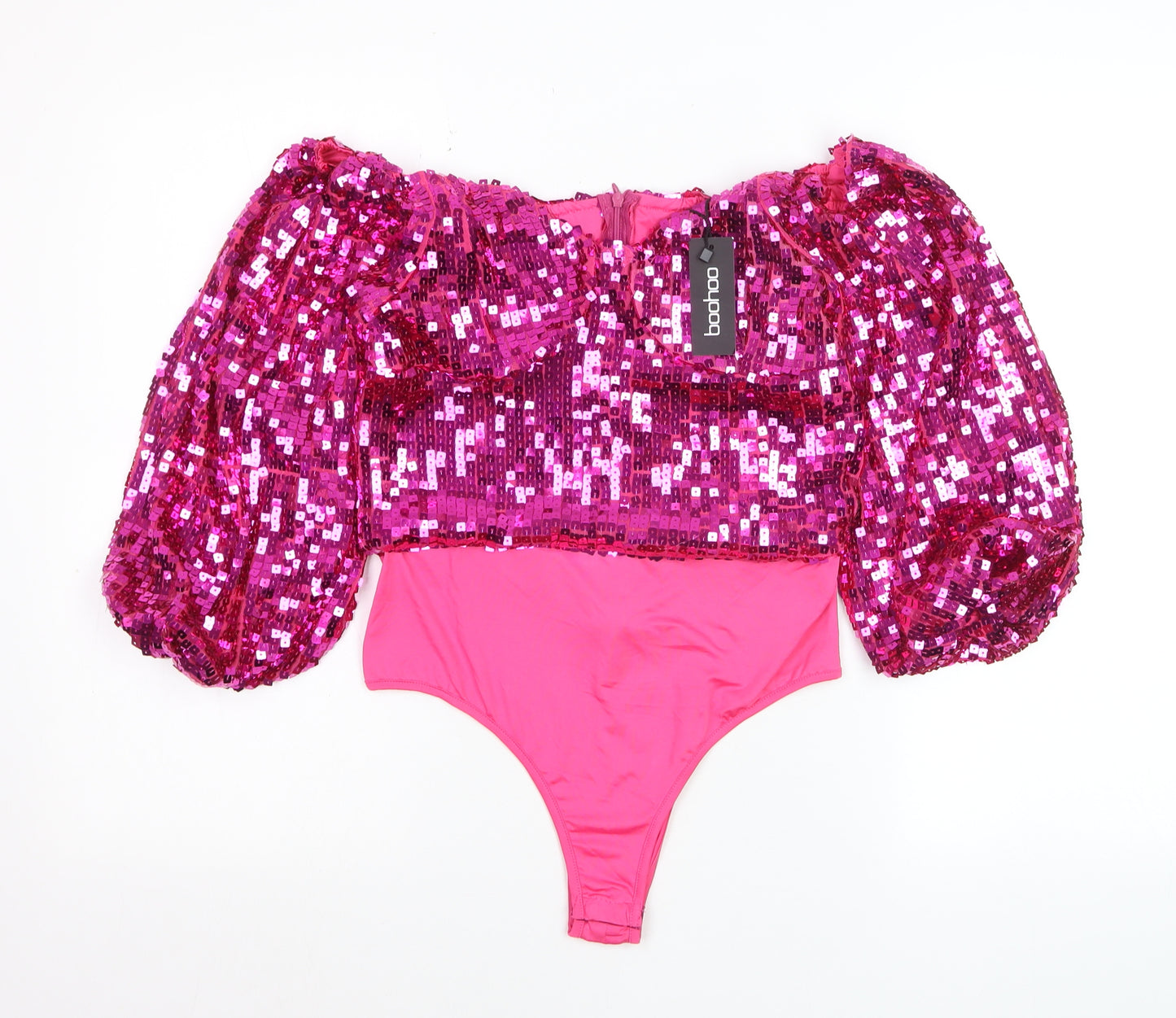 Boohoo Women Pink Sequin Puff Sleeve Off Shoulder Cropped Blouse Size 12