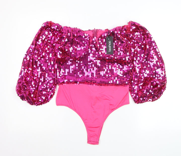 Boohoo Women Pink Sequin Puff Sleeve Off Shoulder Cropped Blouse Size 12