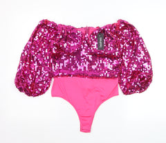 Boohoo Women Pink Sequin Puff Sleeve Off Shoulder Cropped Blouse Size 12