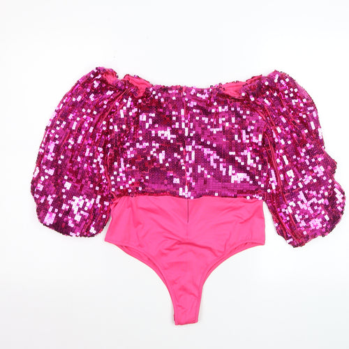 Boohoo Women Pink Sequin Puff Sleeve Off Shoulder Cropped Blouse Size 12