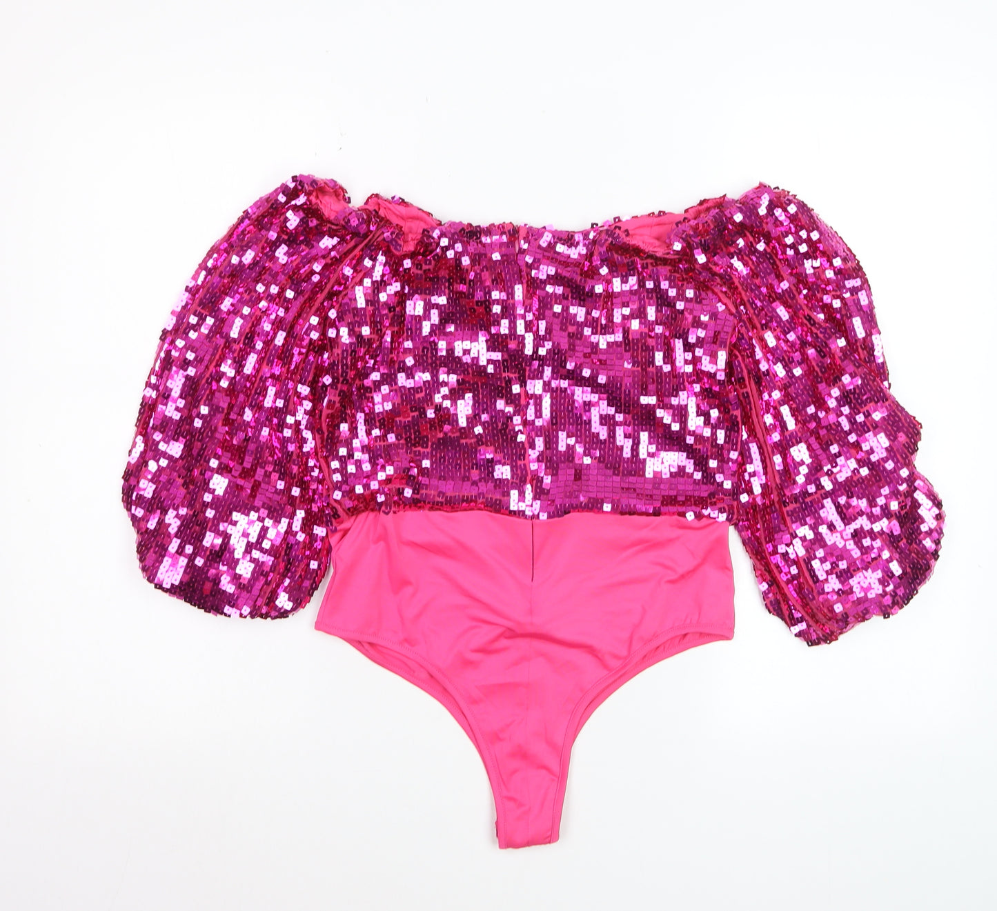 Boohoo Women Pink Sequin Puff Sleeve Off Shoulder Cropped Blouse Size 12