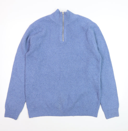 Easy Men's Blue 1/2 Zip High Neck Ribbed Knit Jumper M