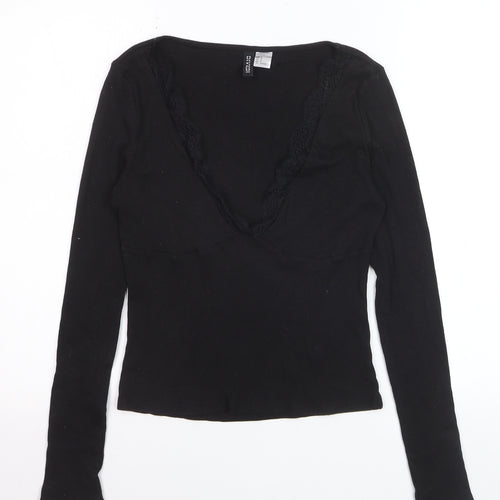 H&M Divided Women’s Black Cropped Long Sleeve V-Neck Top Size 12