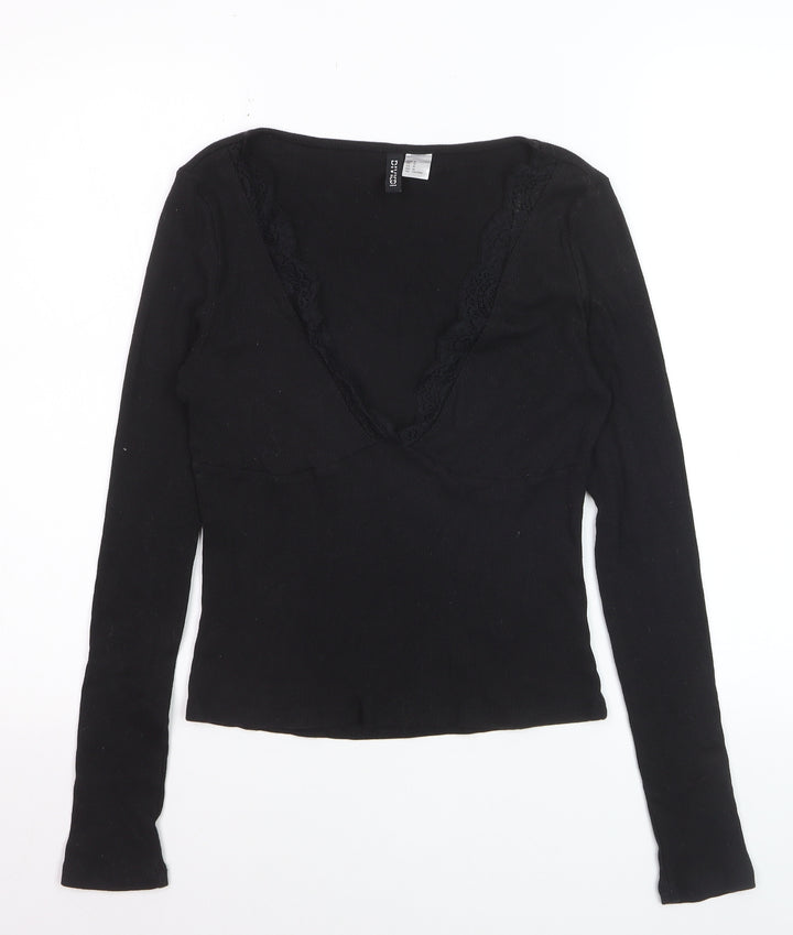 H&M Divided Women’s Black Cropped Long Sleeve V-Neck Top Size 12