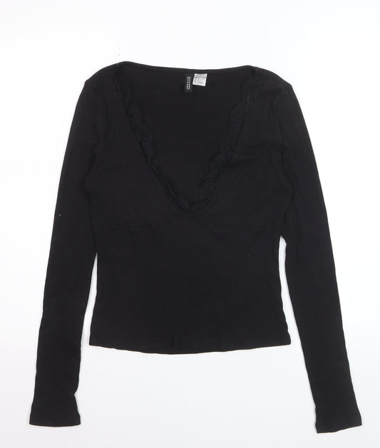 H&M Divided Women’s Black Cropped Long Sleeve V-Neck Top Size 12