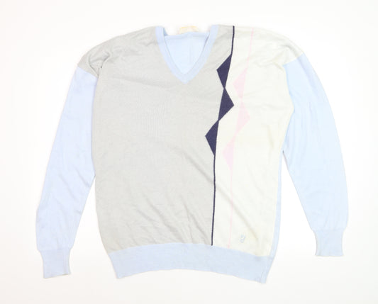Farah Mens Light Blue Geometric V-Neck Acrylic Jumper L