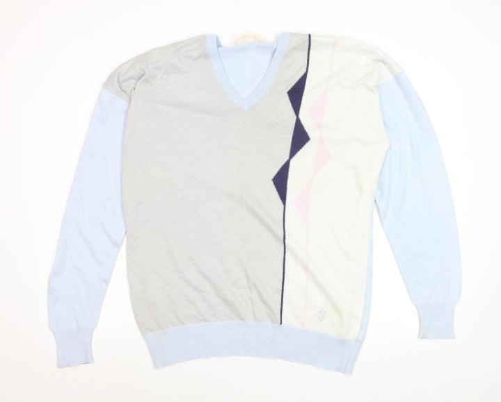 Farah Mens Light Blue Geometric V-Neck Acrylic Jumper L