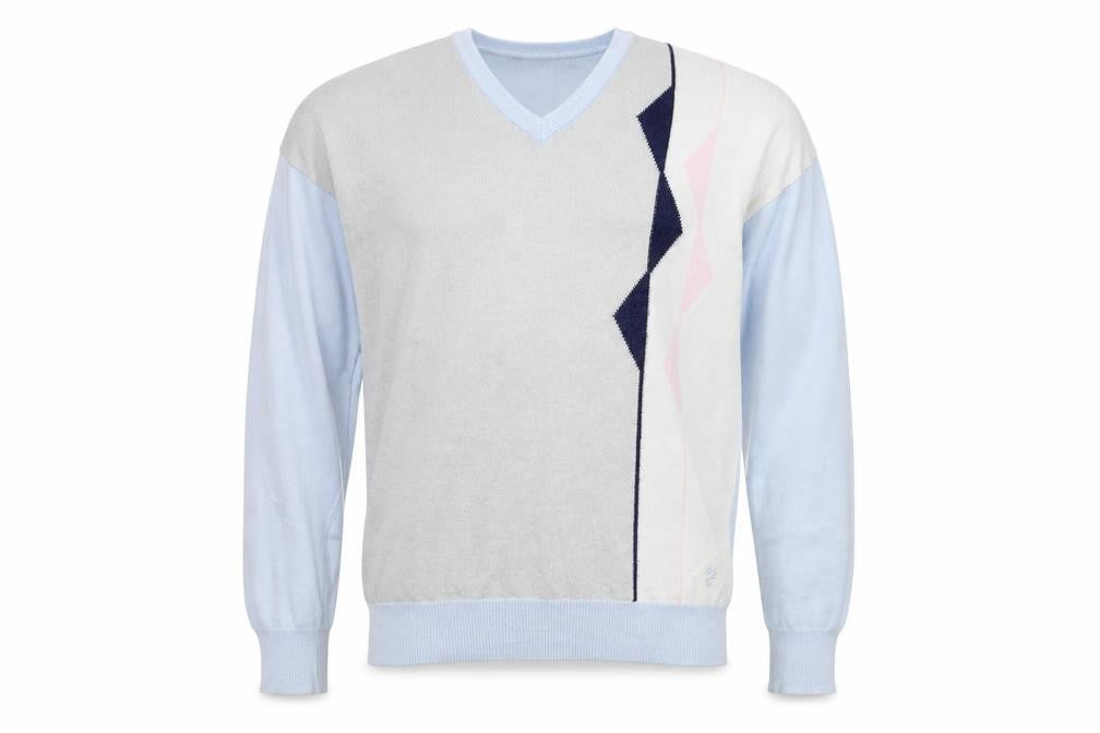 Front view of Farah men’s light blue geometric v-neck acrylic jumper l
