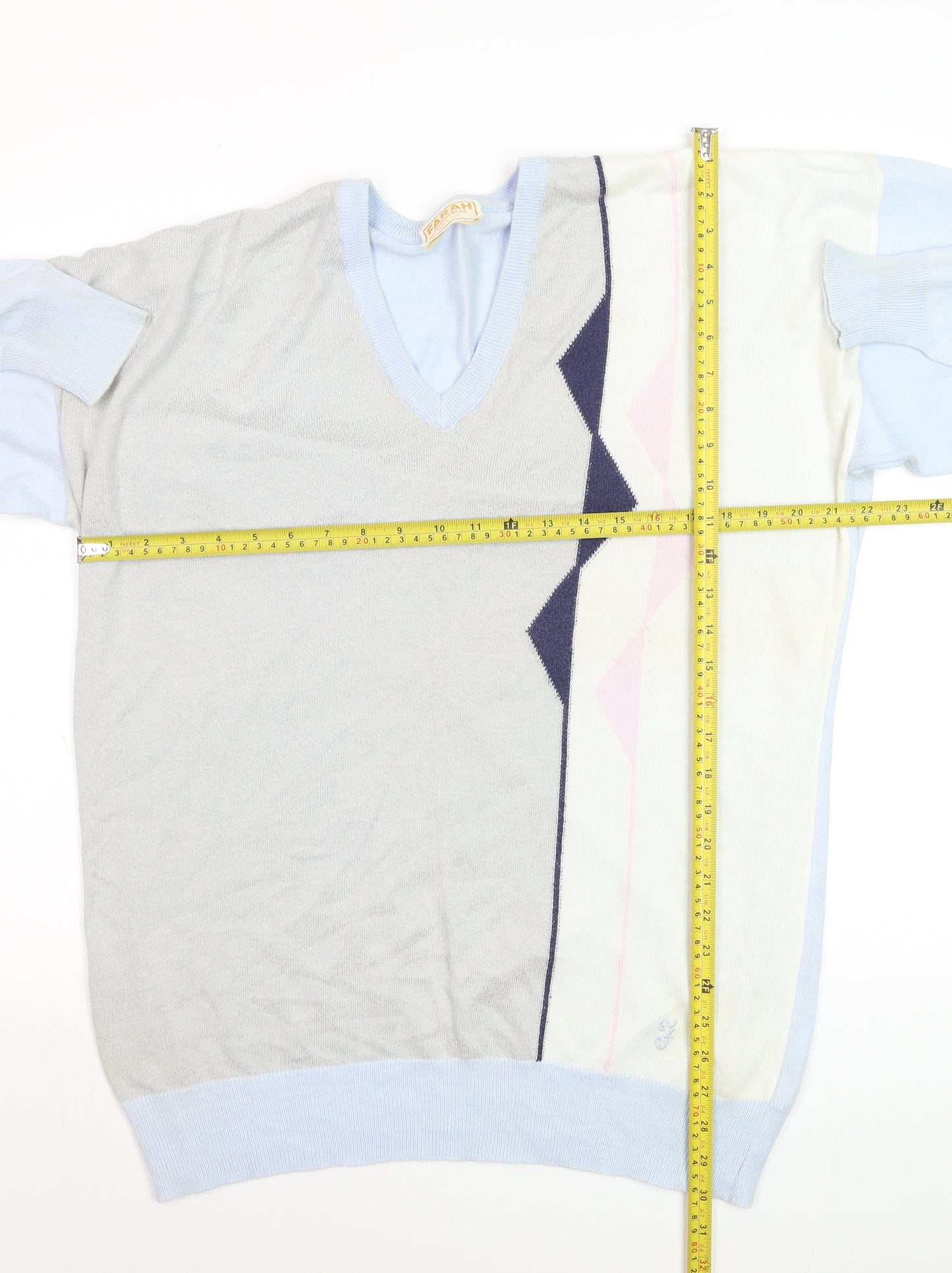 Farah Mens Light Blue Geometric V-Neck Acrylic Jumper L