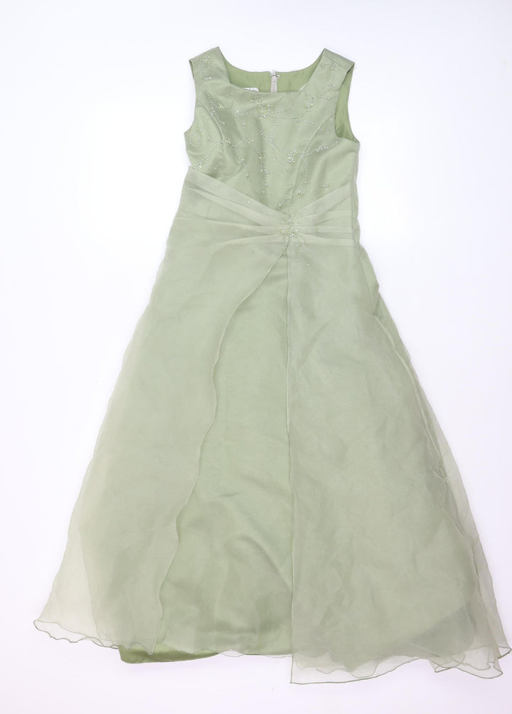 True Bride Girls Green Long Beaded Formal Ball Gown Dress Size 9 Years
