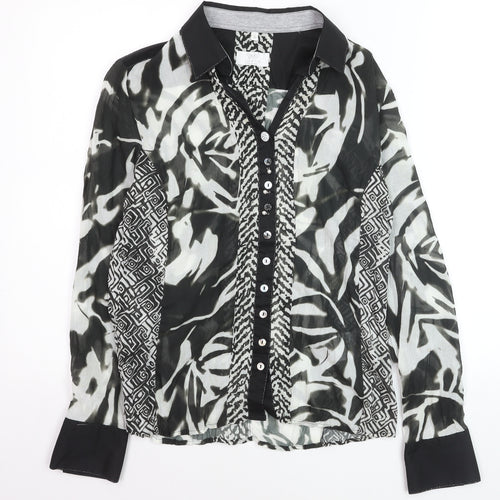 Just White Women’s Black Animal Print Collared Long Sleeve Blouse Size 8