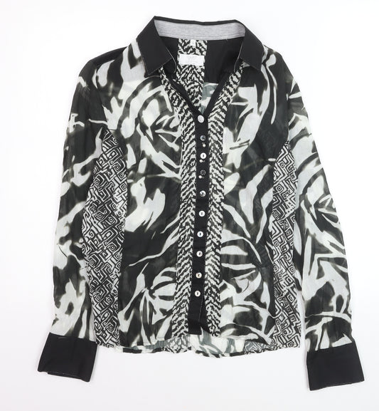 Just White Women’s Black Animal Print Collared Long Sleeve Blouse Size 8