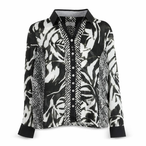 Just White Women’s Black Animal Print Collared Long Sleeve Blouse Size 8