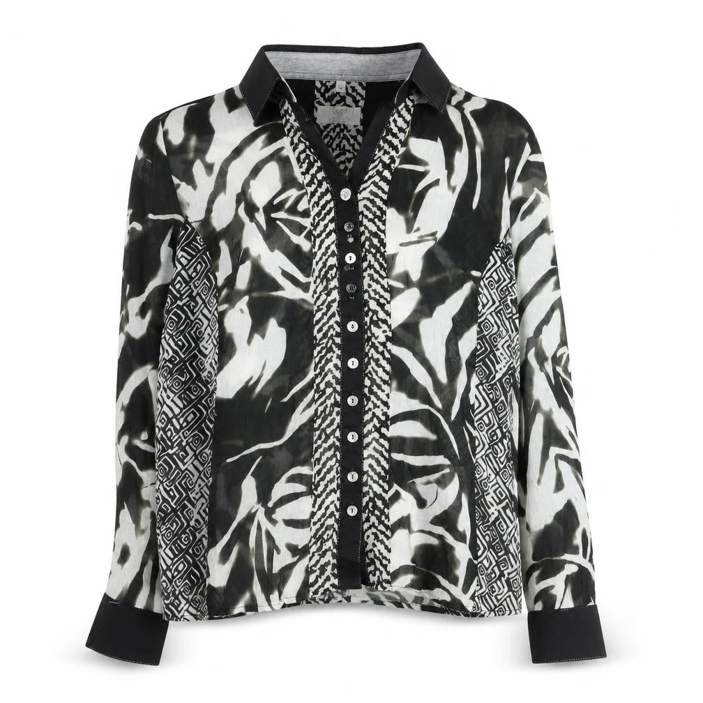 Just White Women’s Black Animal Print Collared Long Sleeve Blouse Size 8