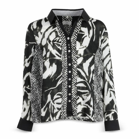 Front view of Just White Women’s Black Animal Print Collared Long Sleeve Blouse, size UK 8