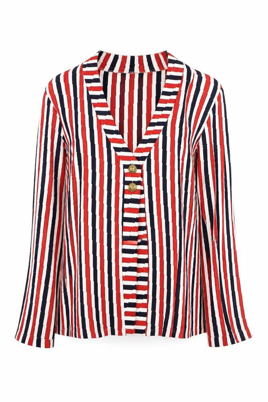 Front view of M.47 Modas women’s multicoloured striped v-neck blouse, size L