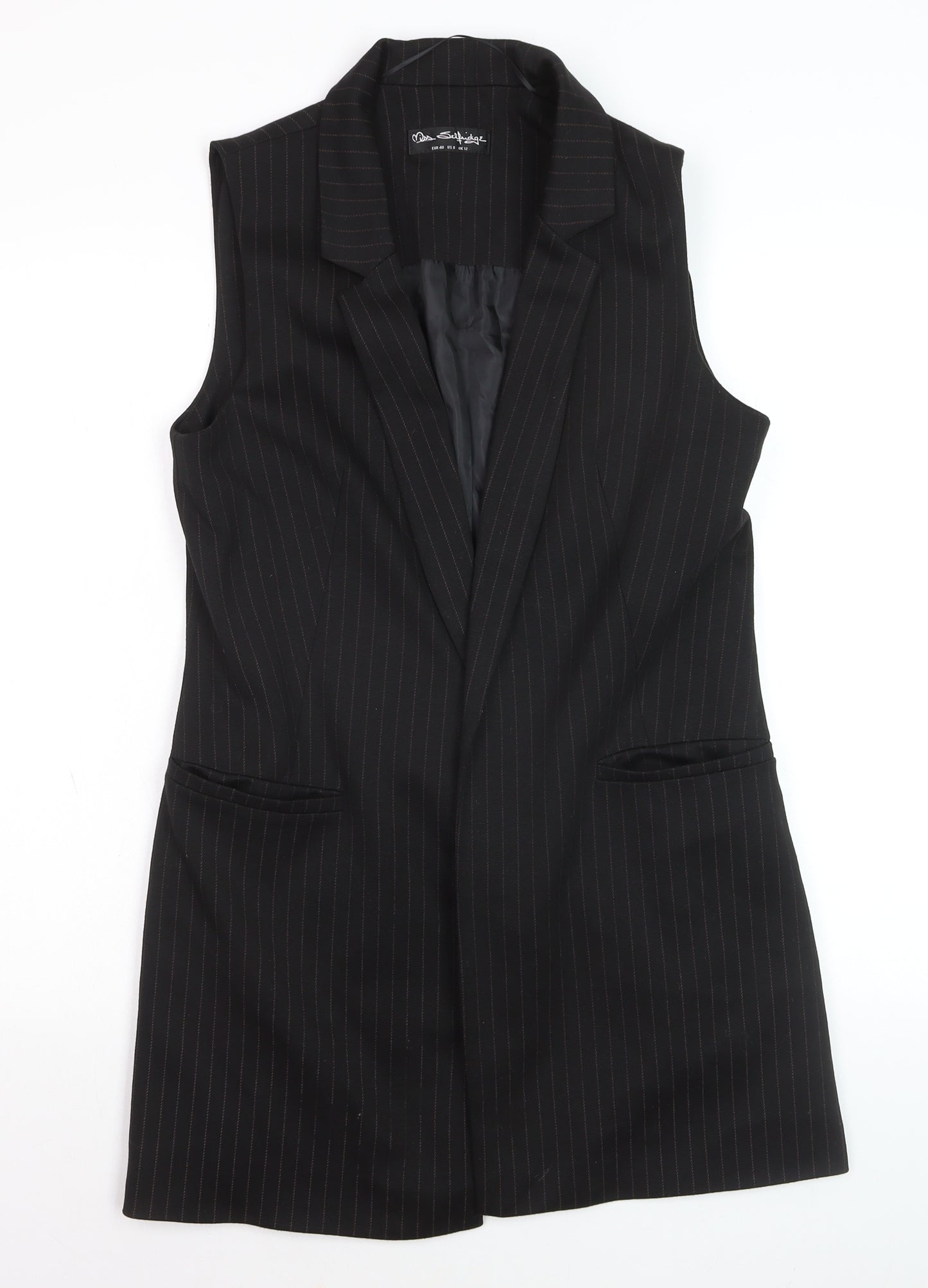 Miss Selfridge Women’s Black Pinstripe Long Waistcoat Size 12