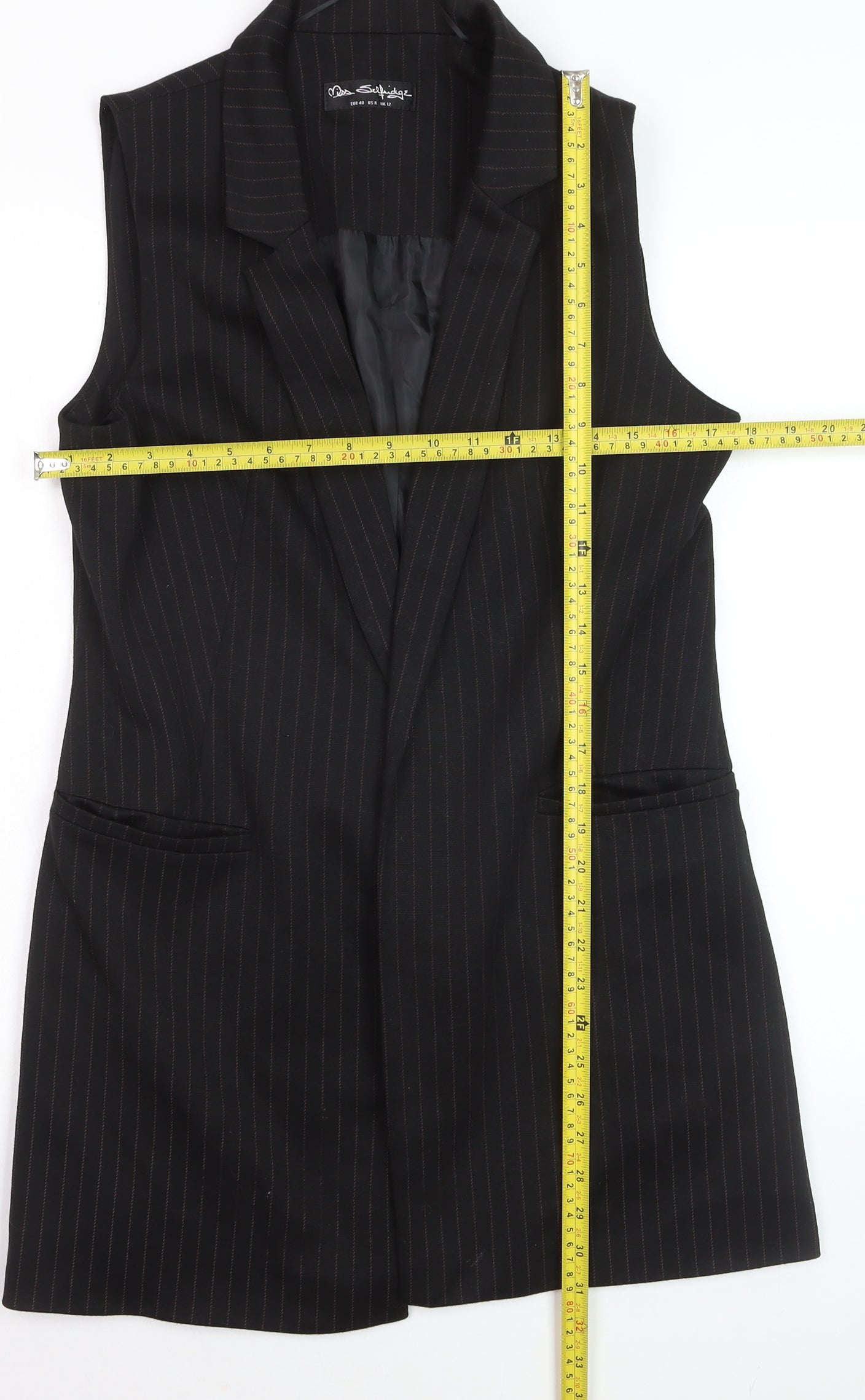 Miss Selfridge Women’s Black Pinstripe Long Waistcoat Size 12