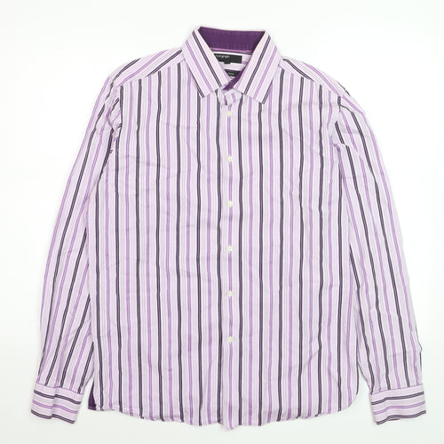 Marks and Spencer Autograph Men's Purple Striped Cotton Long Sleeve Shirt 15.5 Regular Fit