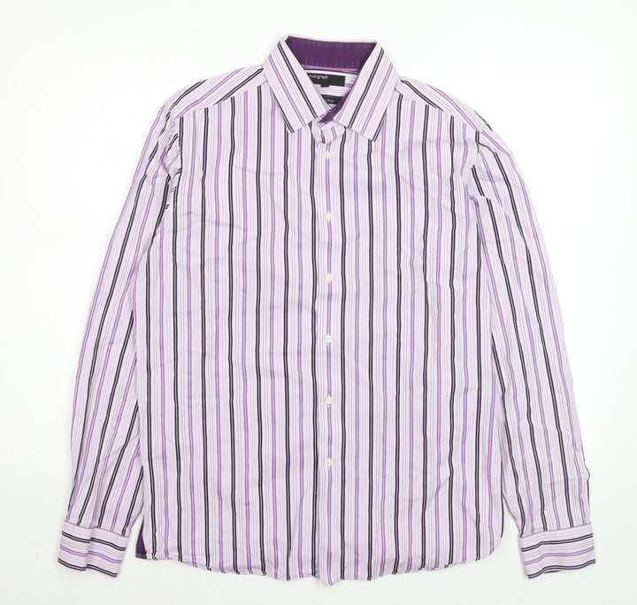 Marks and Spencer Autograph Men's Purple Striped Cotton Long Sleeve Shirt 15.5 Regular Fit