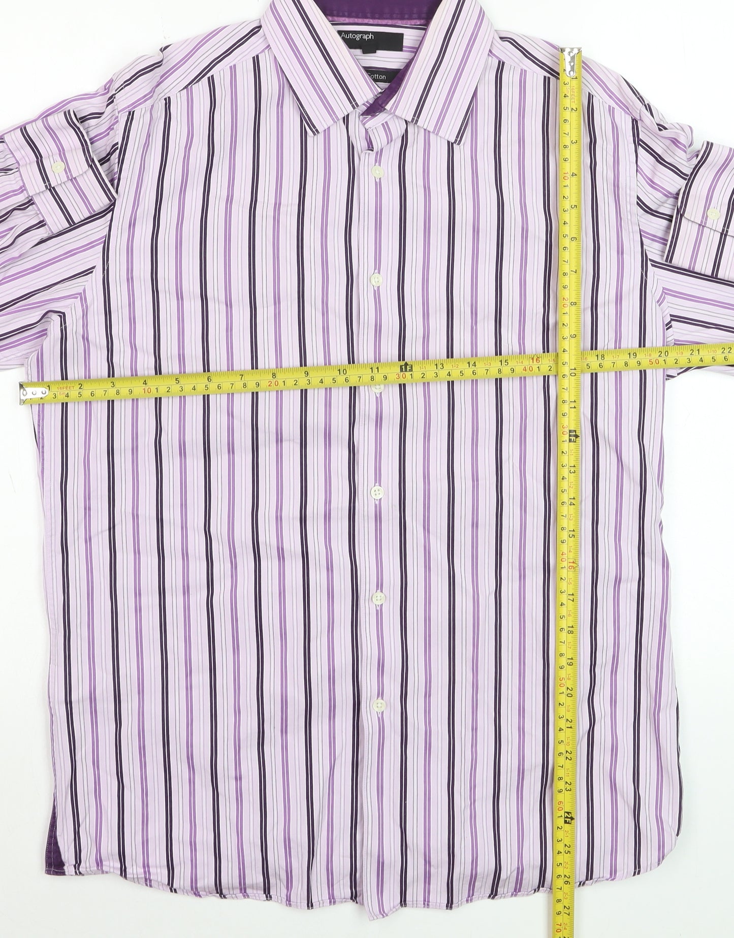 Marks and Spencer Autograph Men's Purple Striped Cotton Long Sleeve Shirt 15.5 Regular Fit