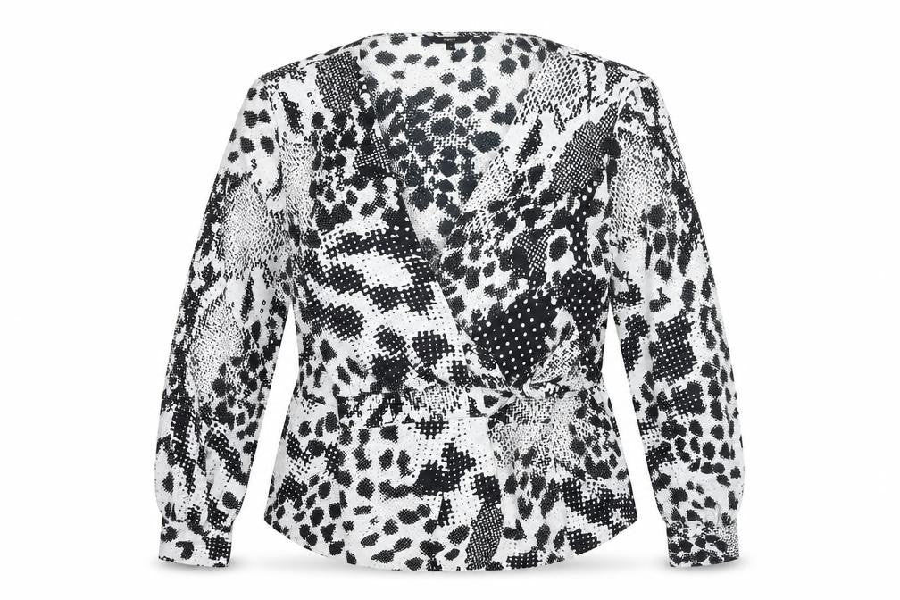 Front view of Next women’s black animal print v-neck wrap blouse, size UK 16