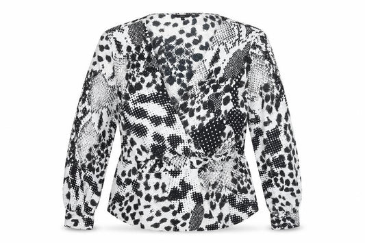 Front view of Next women’s black animal print v-neck wrap blouse, size UK 16
