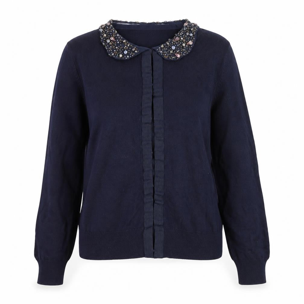 Front view of Untold Women's Blue Beaded Collared Long Sleeve Blouse M