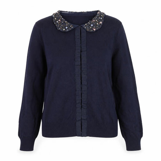 Front view of Untold Women's Blue Beaded Collared Long Sleeve Blouse M
