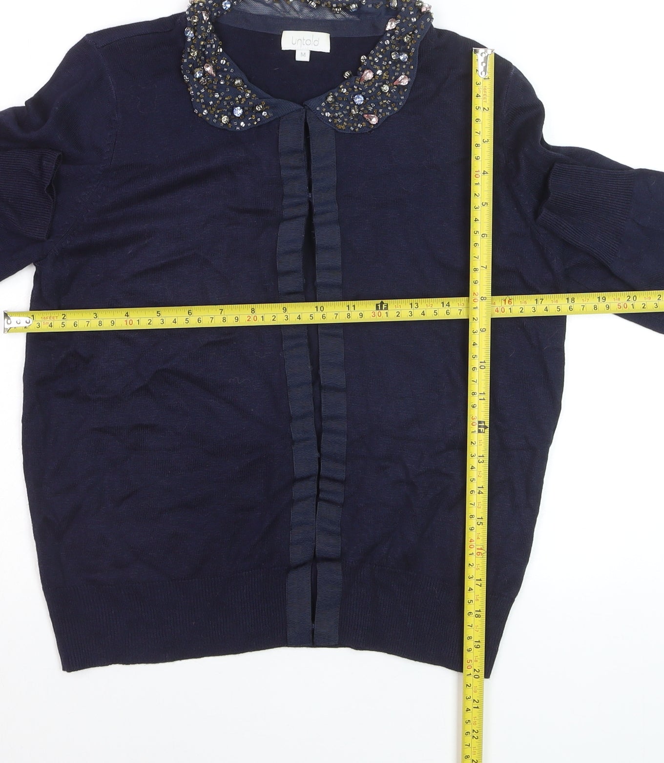 Untold Women's Blue Beaded Collared Long Sleeve Blouse M