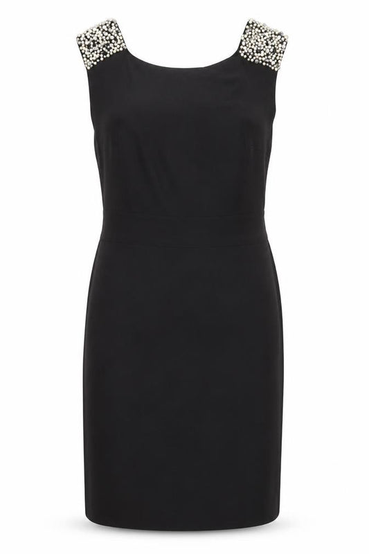 Front view of Oasis Women Black, size 12, Beaded Sheath Party Dress