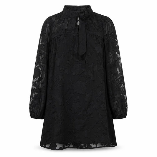 Front view of QED London Women Black S Sheer Floral High Neck Shift Dress