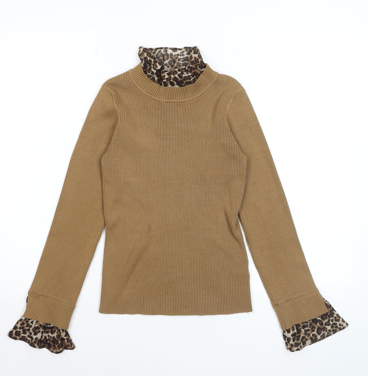 Quiz Womens Beige Leopard Trim Ribbed Pullover Jumper Size M