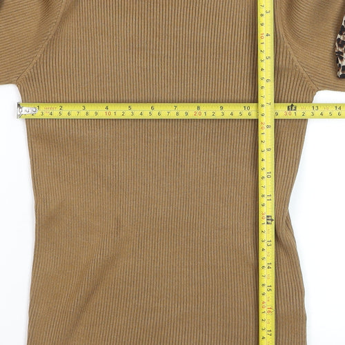 Quiz Womens Beige Leopard Trim Ribbed Pullover Jumper Size M