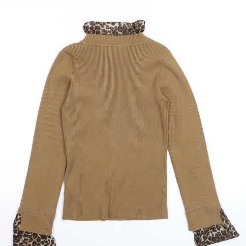 Quiz Womens Beige Leopard Trim Ribbed Pullover Jumper Size M