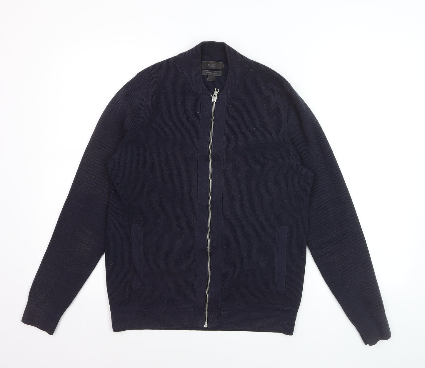 Marks and Spencer Men’s Blue Cotton Blend Full Zip Jumper Size M
