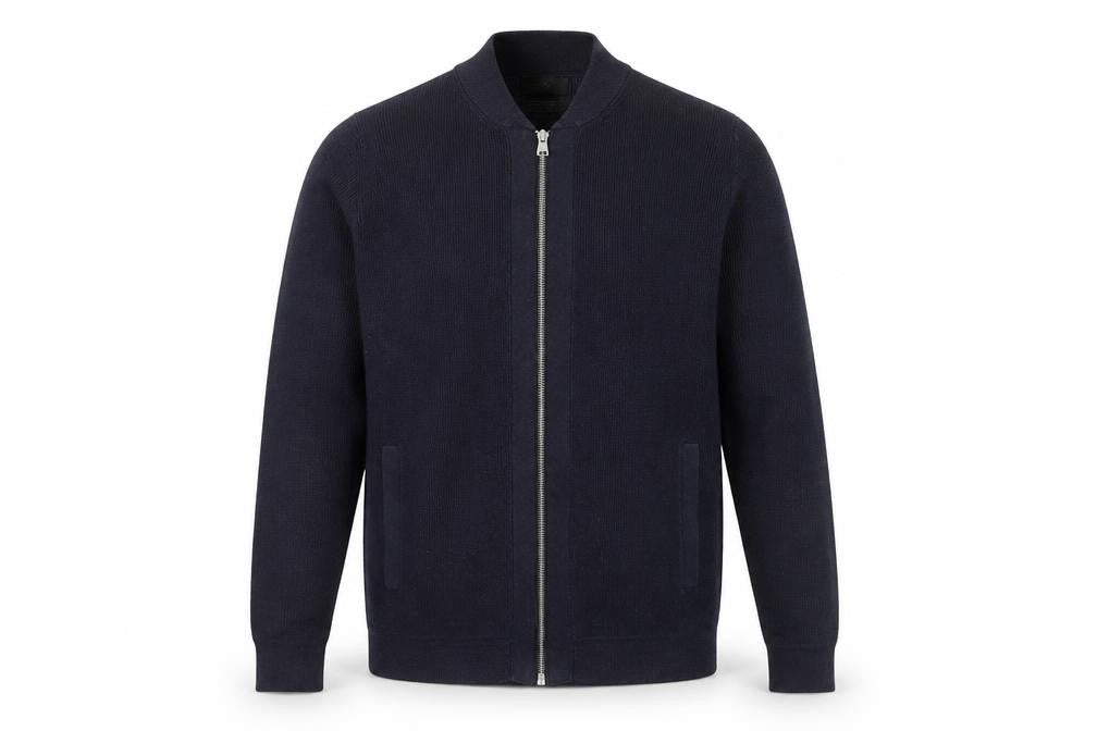 Front view of Marks & Spencer Men’s Blue Cotton Blend Full Zip Jumper, size M