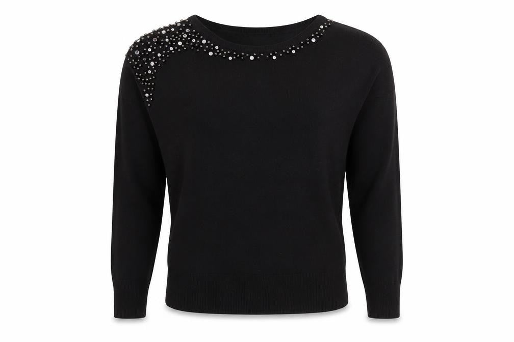 Front view of Dorothy Perkins Women's Black Beaded Crew Neck Jumper, size 10