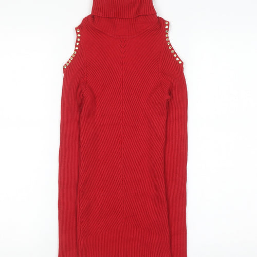 XOXO Womens Red Cold Shoulder Roll Neck Pullover Jumper Size L