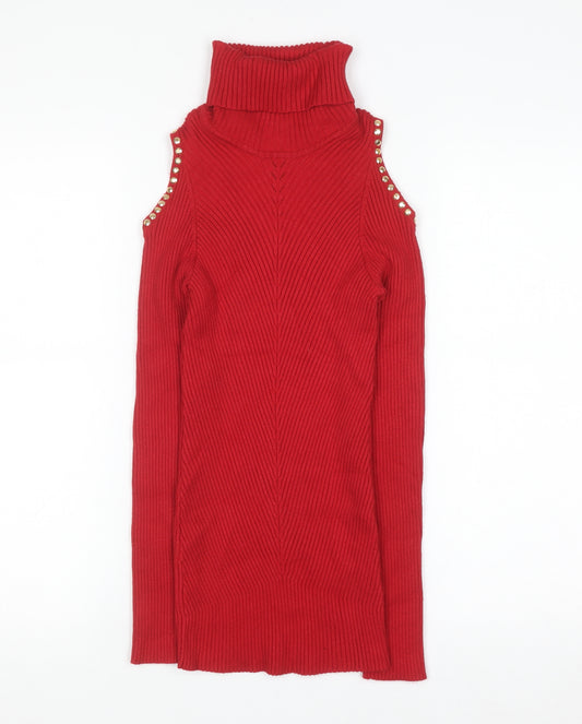 XOXO Womens Red Cold Shoulder Roll Neck Pullover Jumper Size L