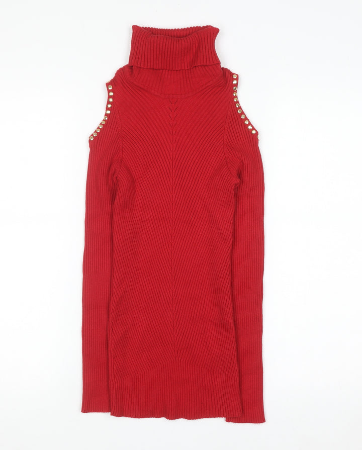 XOXO Womens Red Cold Shoulder Roll Neck Pullover Jumper Size L