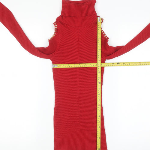 XOXO Womens Red Cold Shoulder Roll Neck Pullover Jumper Size L