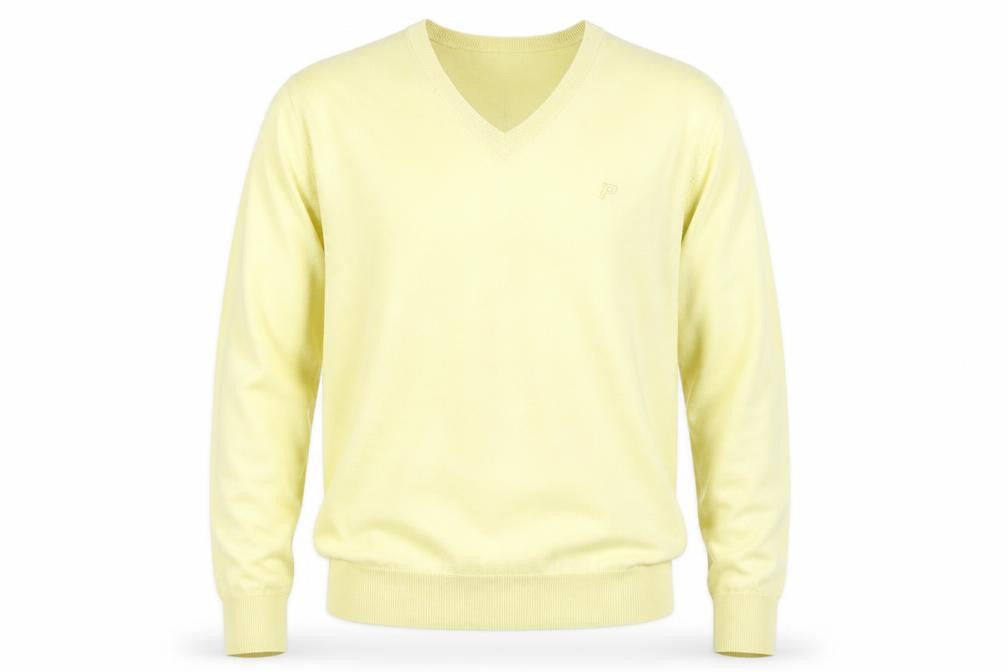Front view of Peak Performance Men's Yellow V-Neck Cotton Knit Jumper XL