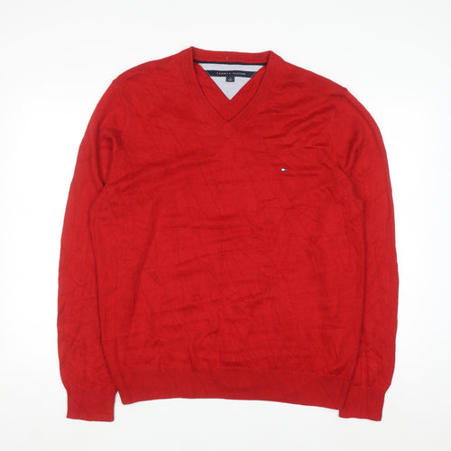 Tommy Hilfiger Men's Red V-Neck Cotton Blend Jumper L