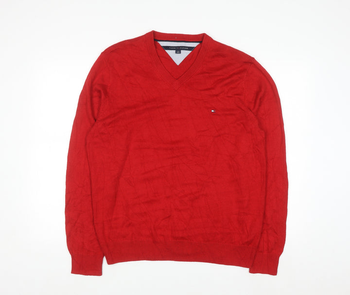 Tommy Hilfiger Men's Red V-Neck Cotton Blend Jumper L
