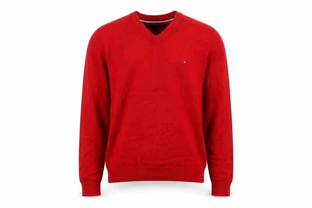 Front view of Tommy Hilfiger Men's Red V-Neck Cotton Blend Jumper L