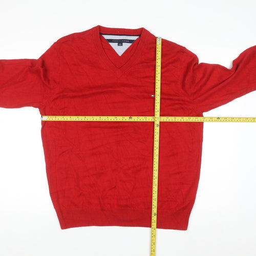 Tommy Hilfiger Men's Red V-Neck Cotton Blend Jumper L