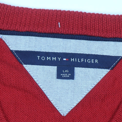 Tommy Hilfiger Men's Red V-Neck Cotton Blend Jumper L