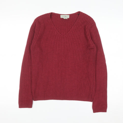 L.L. Bean Women Red Wool V-Neck Ribbed Jumper Size S