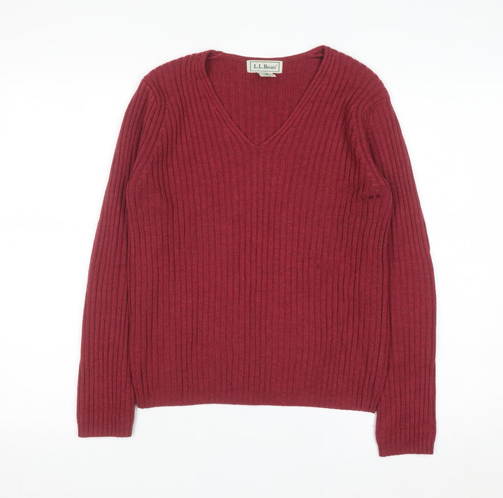 L.L. Bean Women Red Wool V-Neck Ribbed Jumper Size S